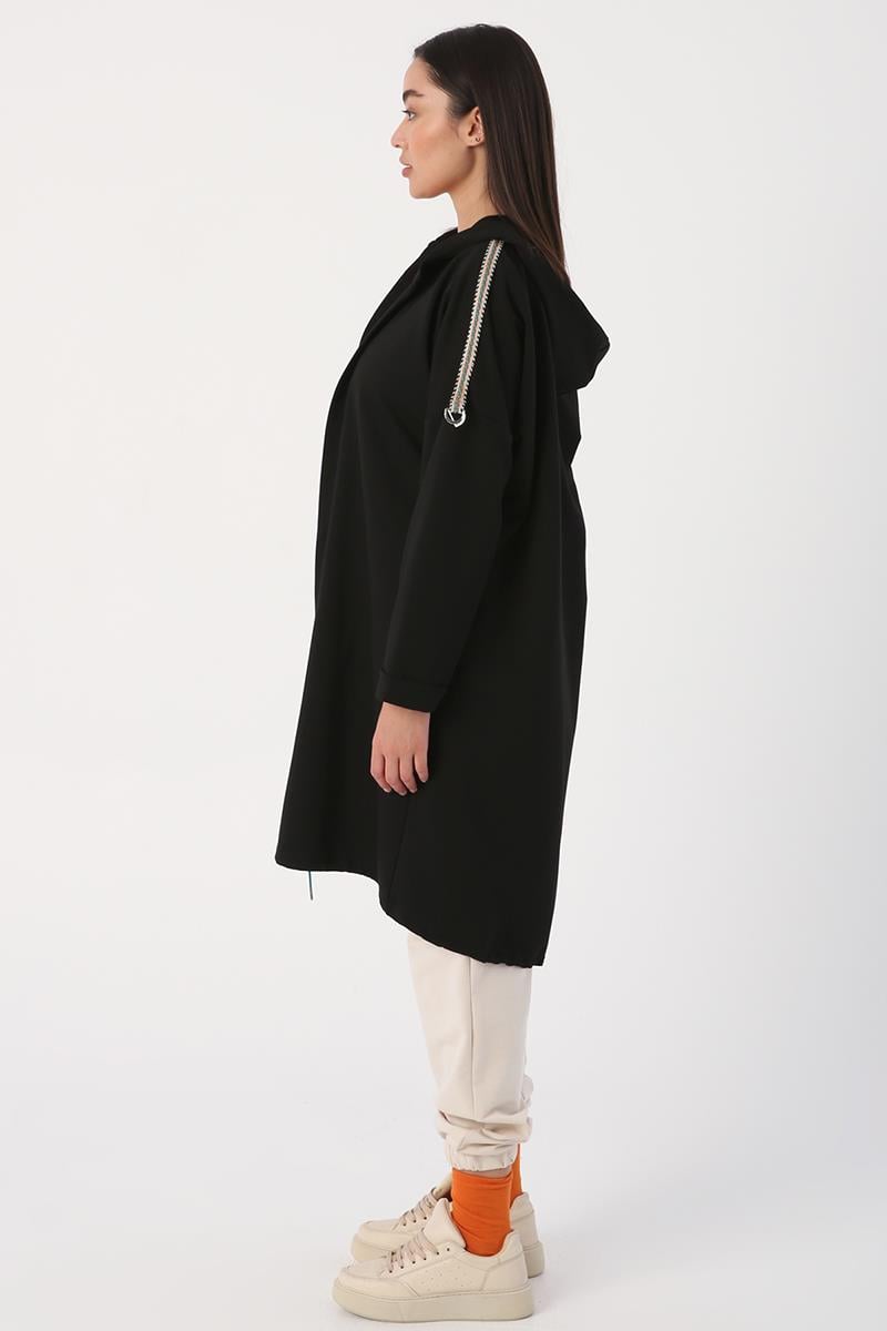 Black-Hooded Stripe Detailed Loose Cardigan