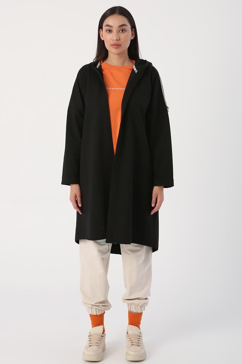 Black-Hooded Stripe Detailed Loose Cardigan