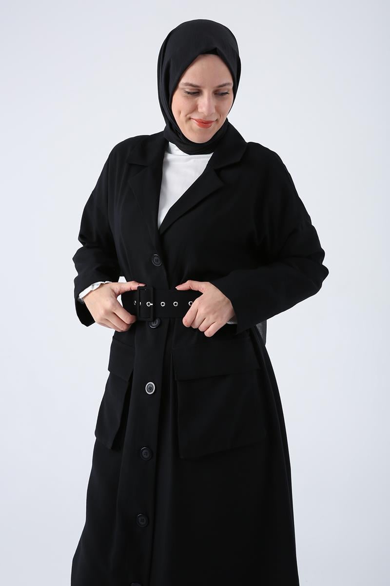 Siyah-Kemerli Ceket Yakalı Düğmeli Ferace