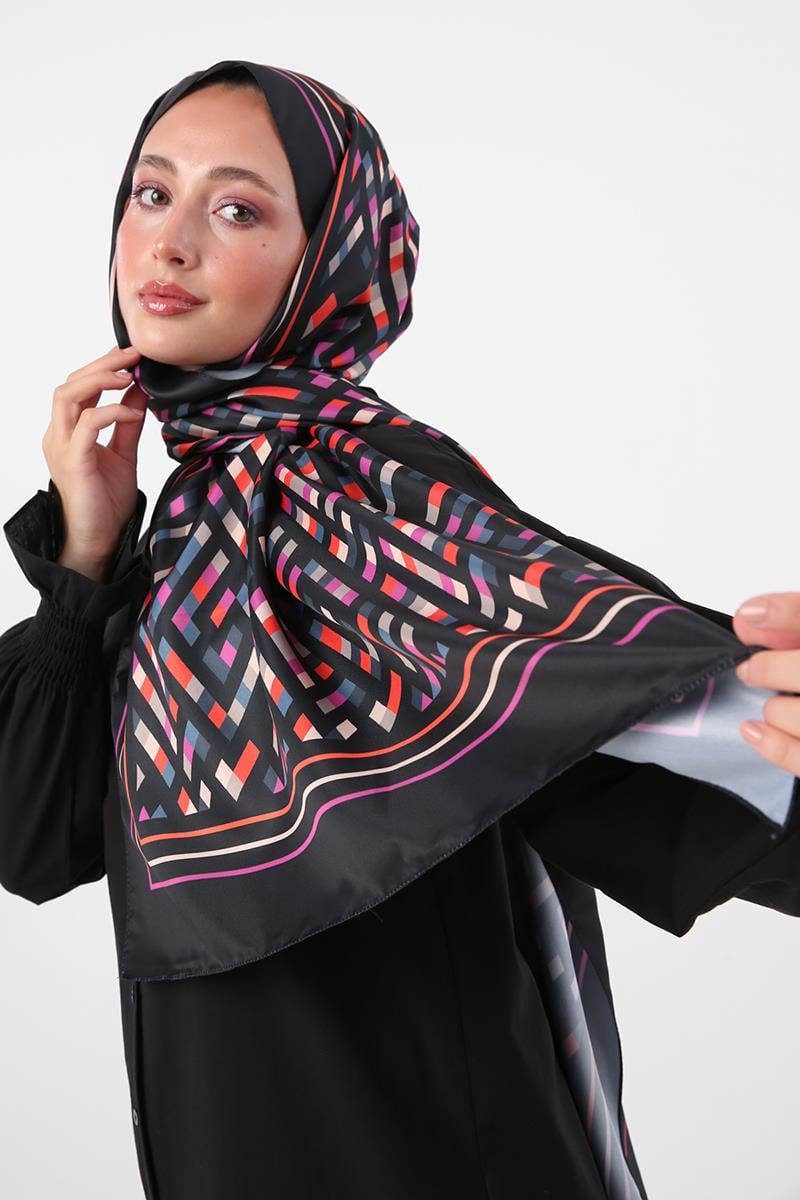 Siyah-Kırmızı-Desenli Twill Şal