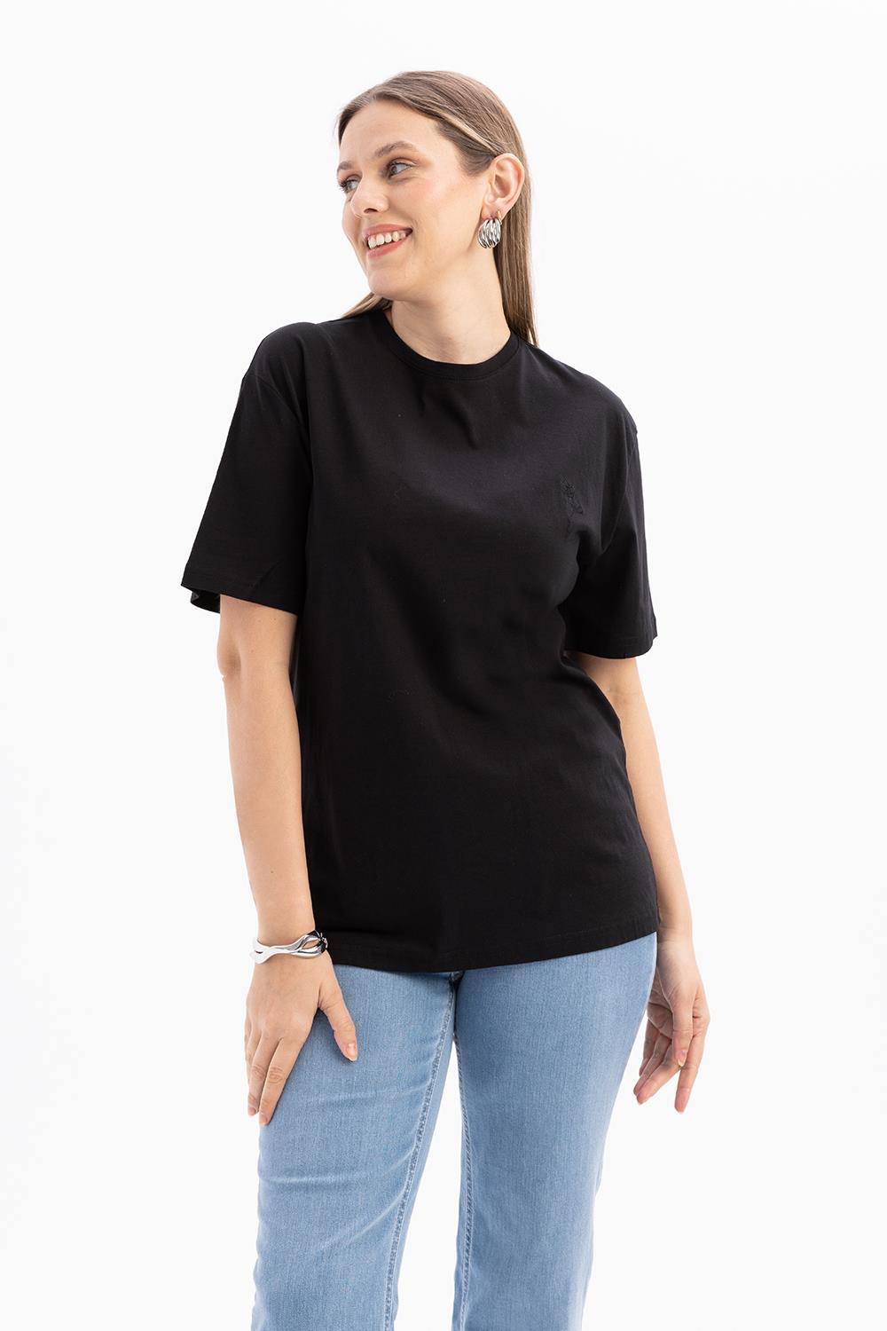 Siyah-Kısa Kollu Nakış Detaylı Süprem Tshirt