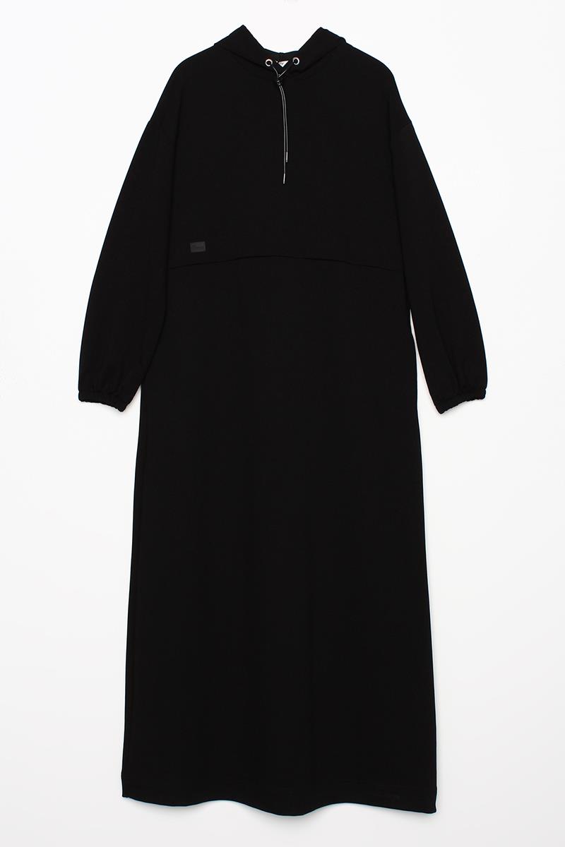 Black-Elastic Sleeve End Hooded Dress with Pockets