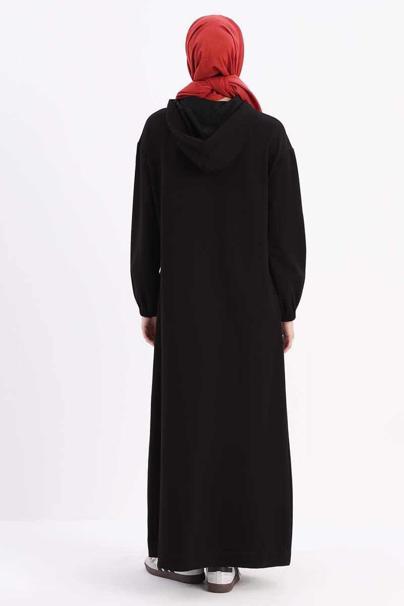 Black-Elastic Sleeve End Hooded Dress with Pockets