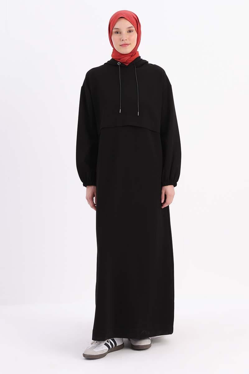 Black-Elastic Sleeve End Hooded Dress with Pockets