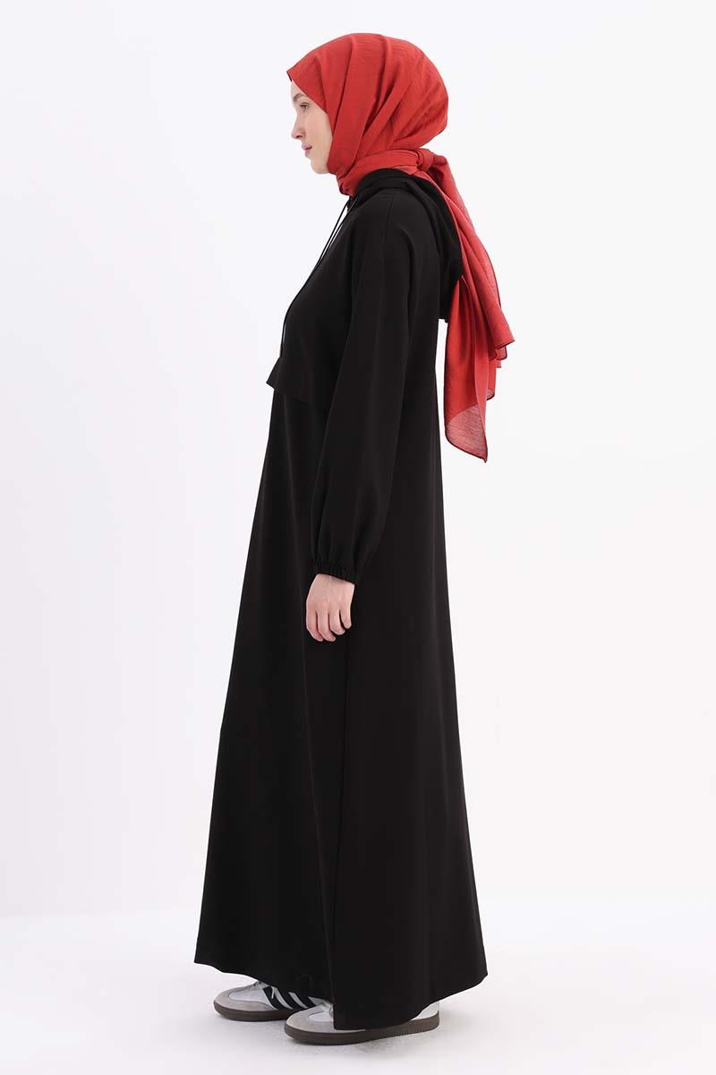 Black-Elastic Sleeve End Hooded Dress with Pockets
