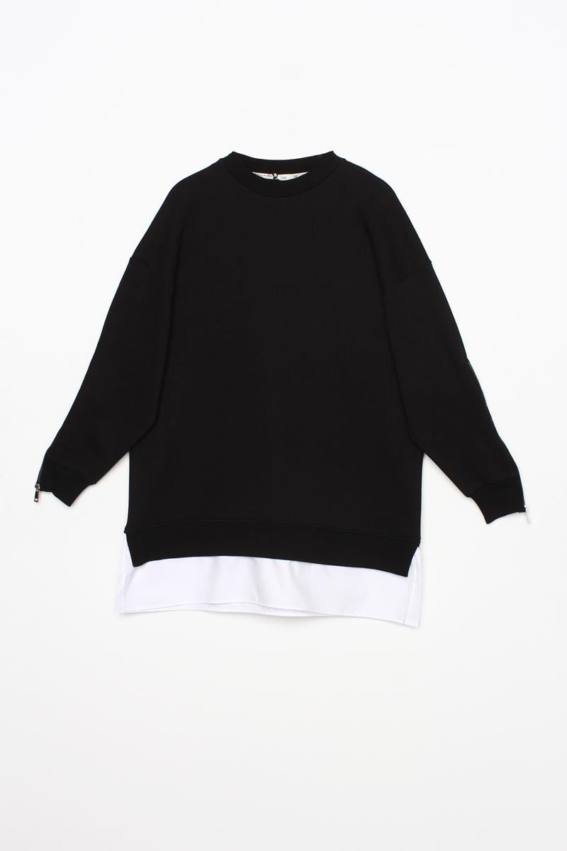 Siyah-Kolları Fermuarlı Dokuma Garnili Oversize Sweat Tunik