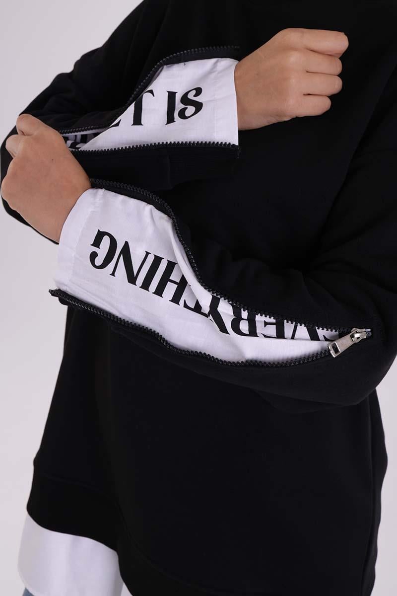 Siyah-Kolları Fermuarlı Dokuma Garnili Oversize Sweat Tunik