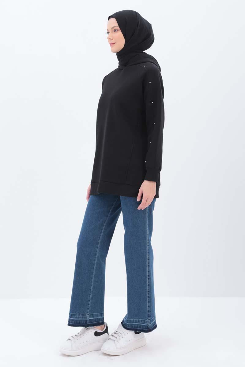 Siyah-KOLLARI TAŞLI KAPÜŞONLU SWEAT TUNİK