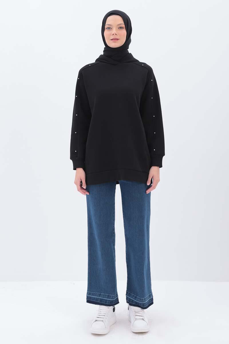 Siyah-KOLLARI TAŞLI KAPÜŞONLU SWEAT TUNİK
