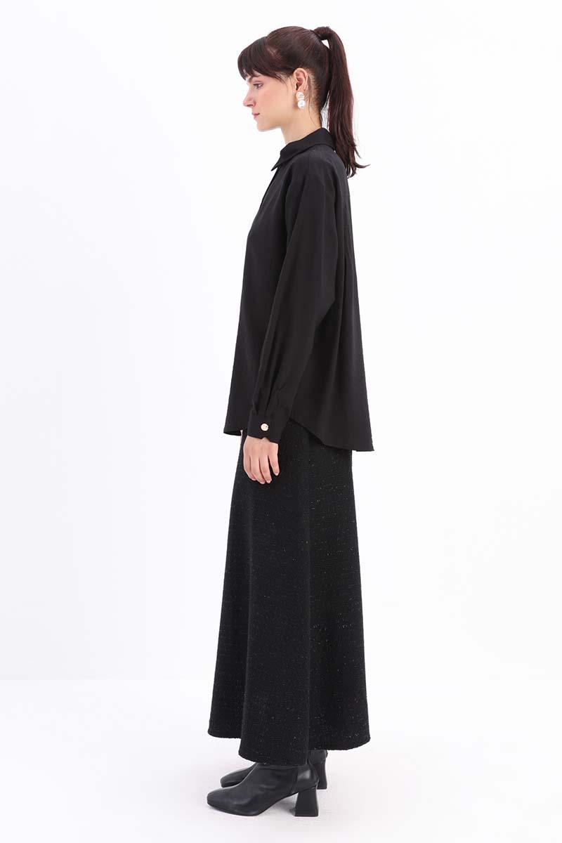 CHEMISE BOUTONNÉE ÉLÉGANTE AVEC DÉTAIL DE MANCHETTES DE COIN Noir