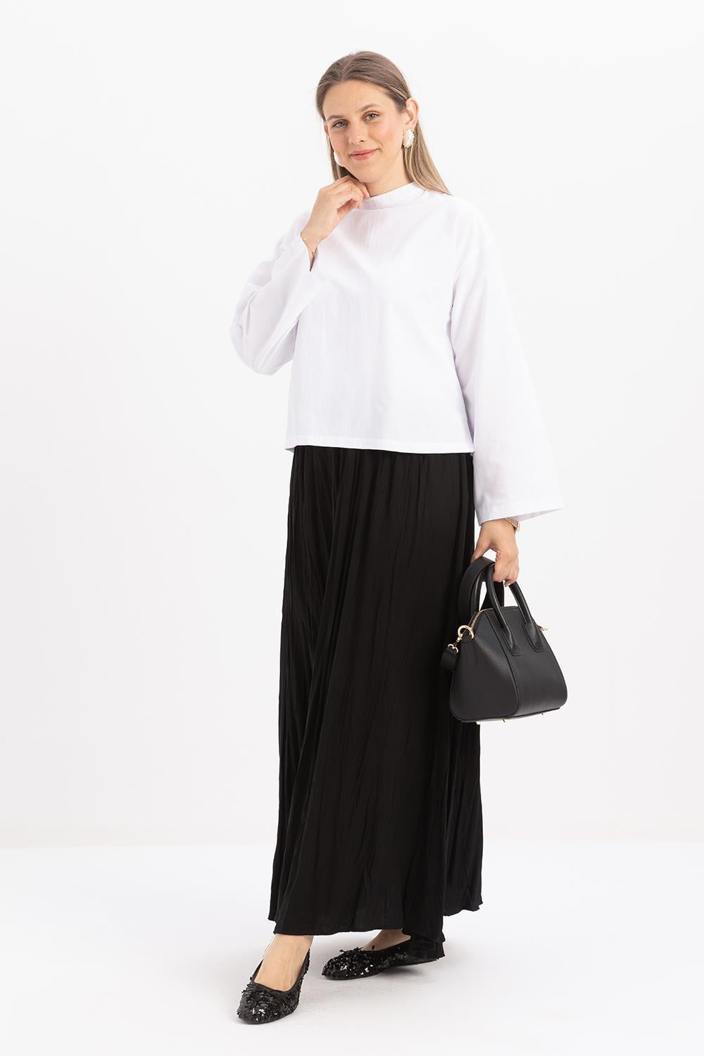 Black-Crumpled Elastic Waist Basic Skirt