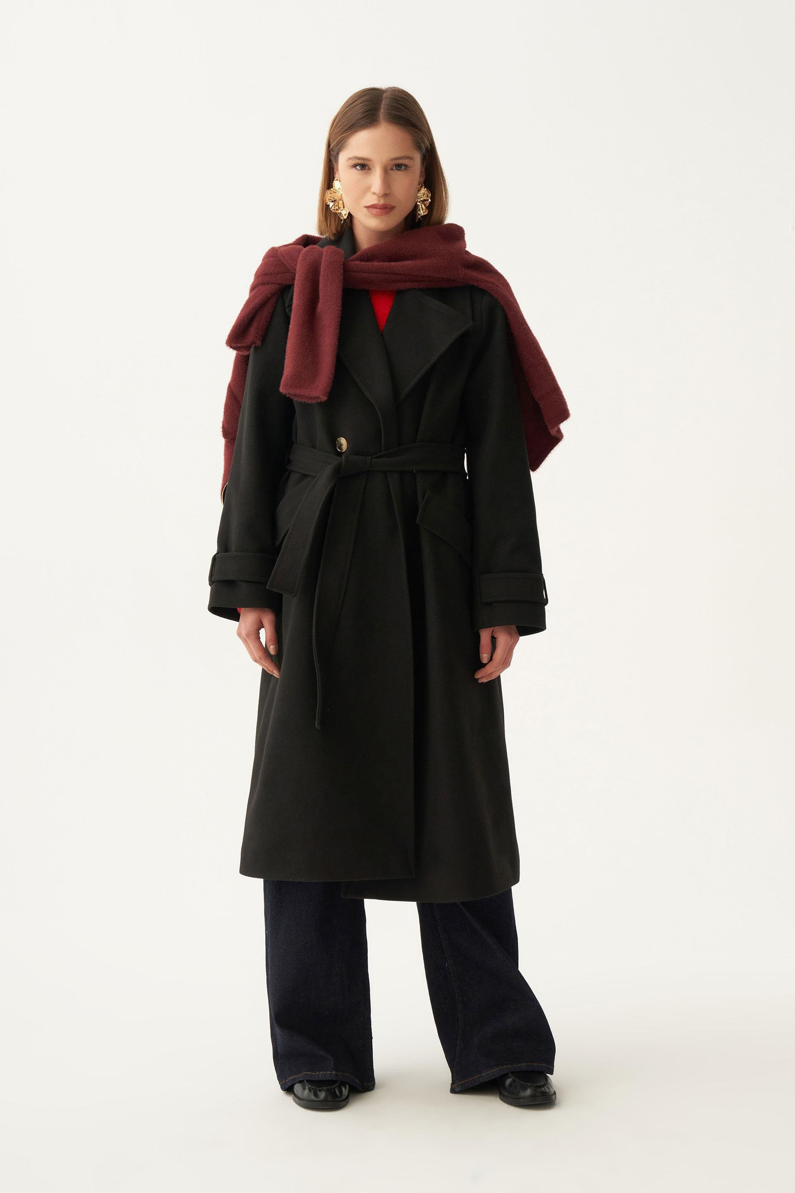 Siyah-Kruvaze Düğmeli Uzun Kaban