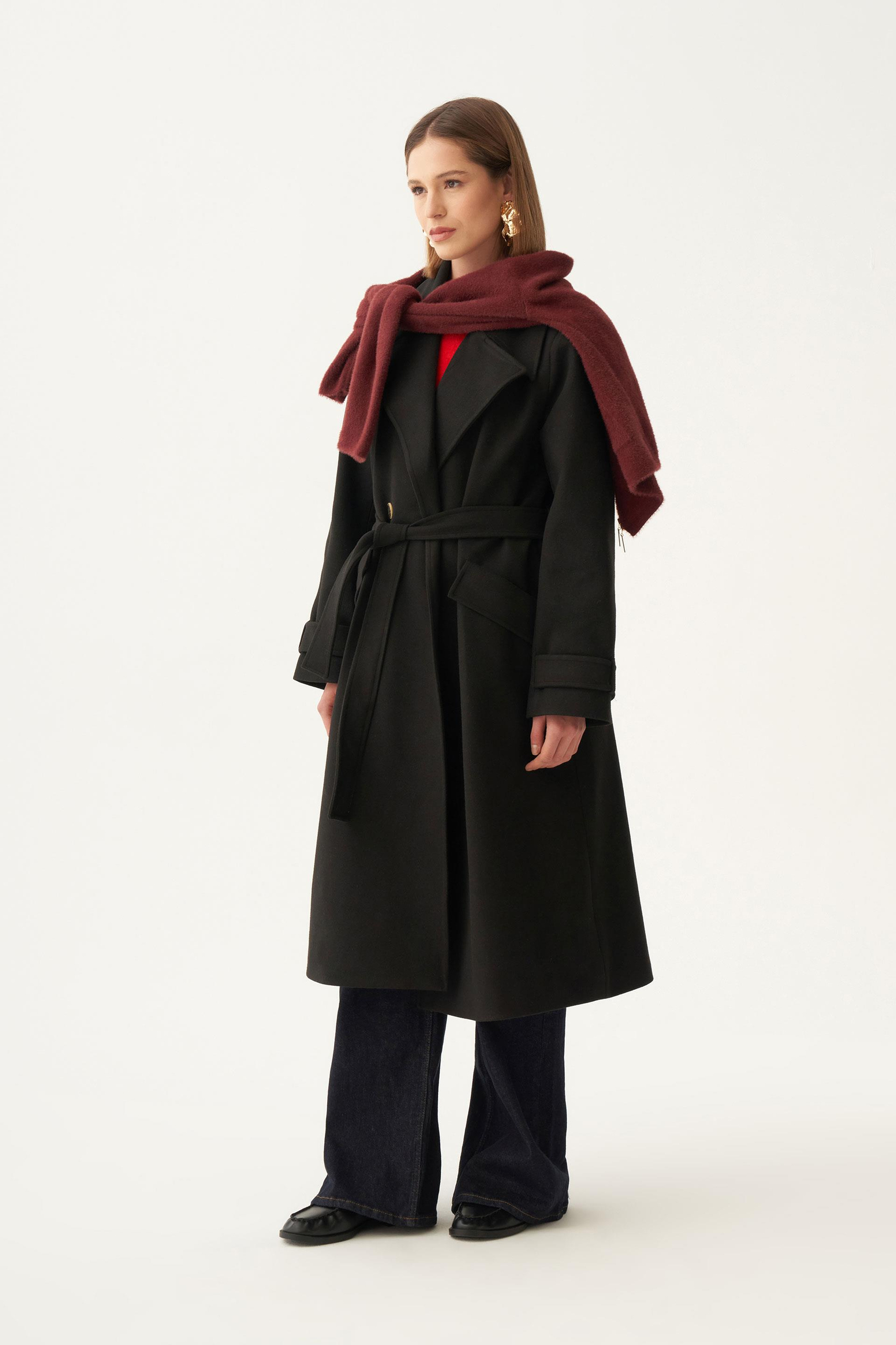 Siyah-Kruvaze Düğmeli Uzun Kaban