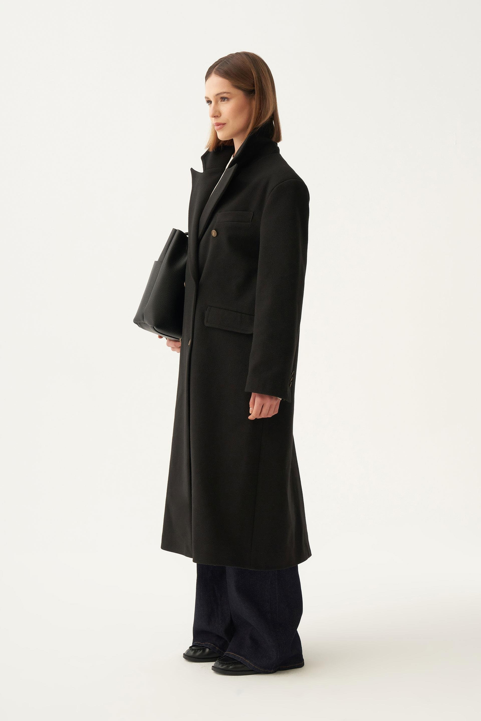 Siyah-Kruvaze Uzun Kaşe Kaban