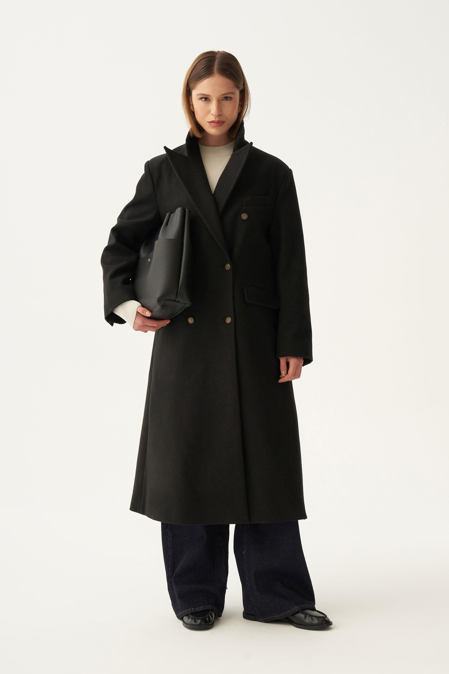 Siyah-Kruvaze Uzun Kaşe Kaban