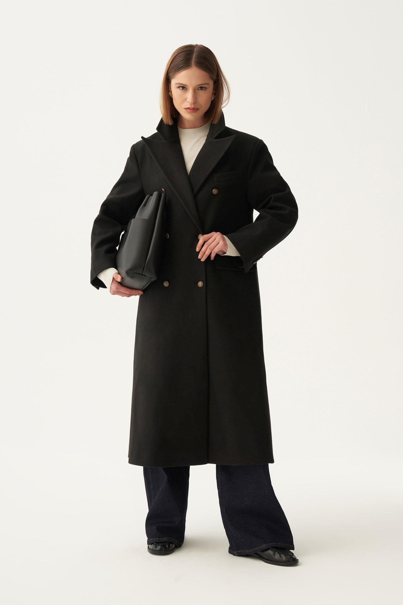 Siyah-Kruvaze Uzun Kaşe Kaban