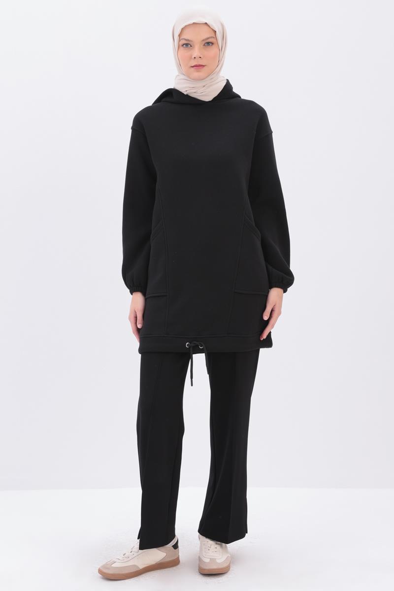 Siyah-Kulplu Kapüşonlu Sweat Tunik | ALLDAY