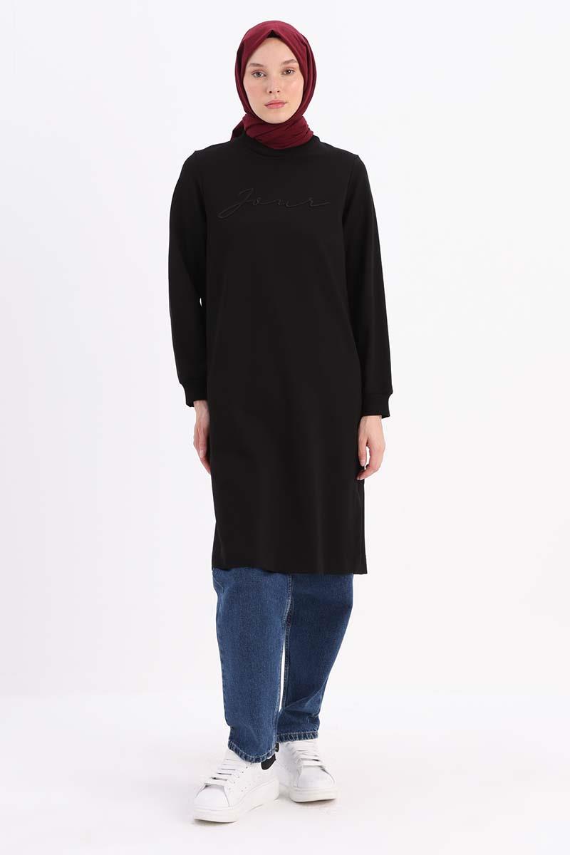 Siyah-Nakışlı Pilikaşeli Sweat Tunik