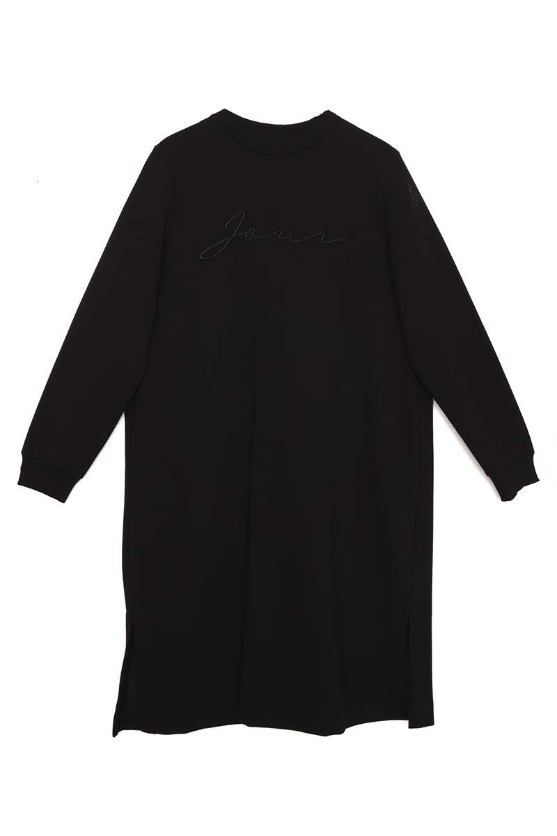 Siyah-Nakışlı Pilikaşeli Sweat Tunik
