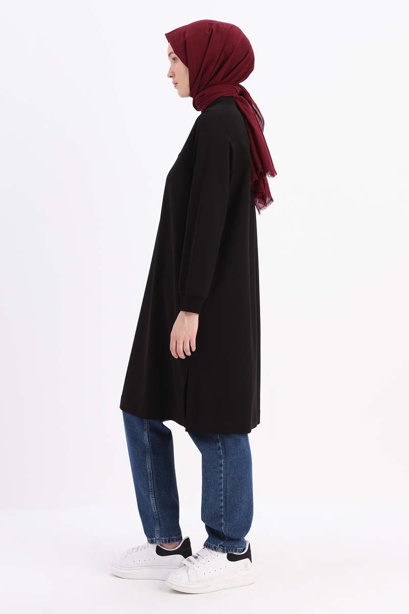 Siyah-Nakışlı Pilikaşeli Sweat Tunik