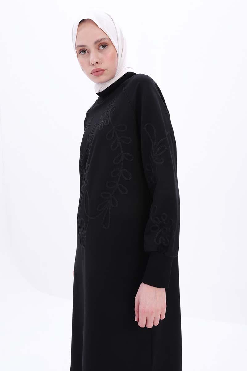 Siyah-Nakışlı Uzun Sweat Tunik