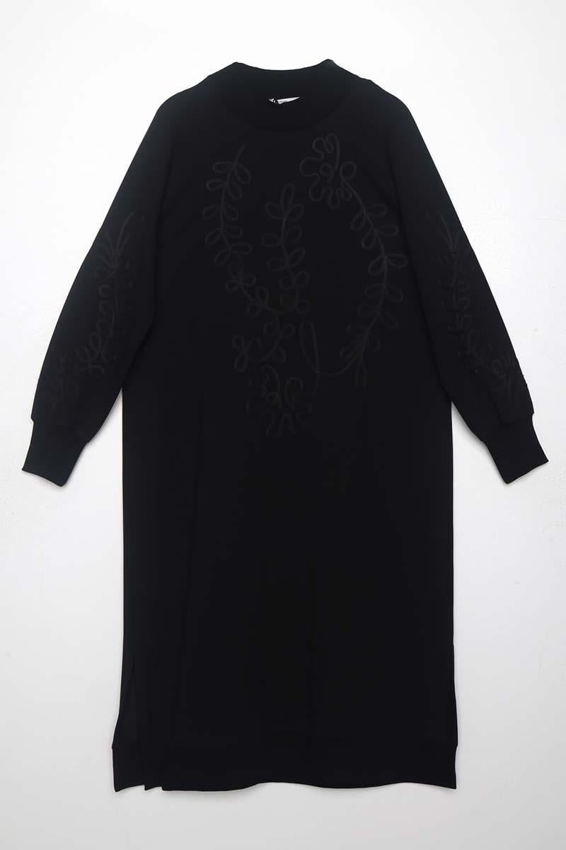 Siyah-Nakışlı Uzun Sweat Tunik