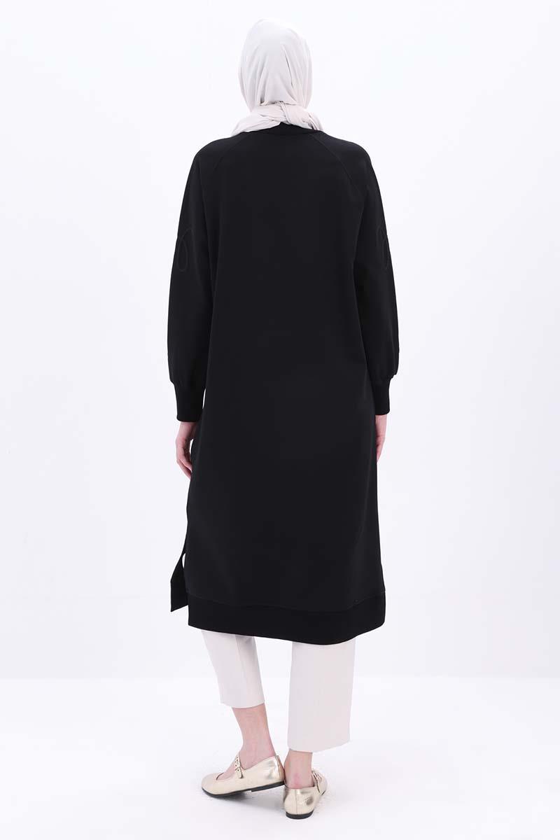 Siyah-Nakışlı Uzun Sweat Tunik