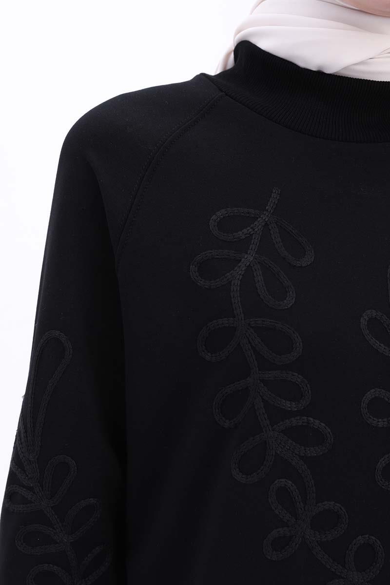 Siyah-Nakışlı Uzun Sweat Tunik