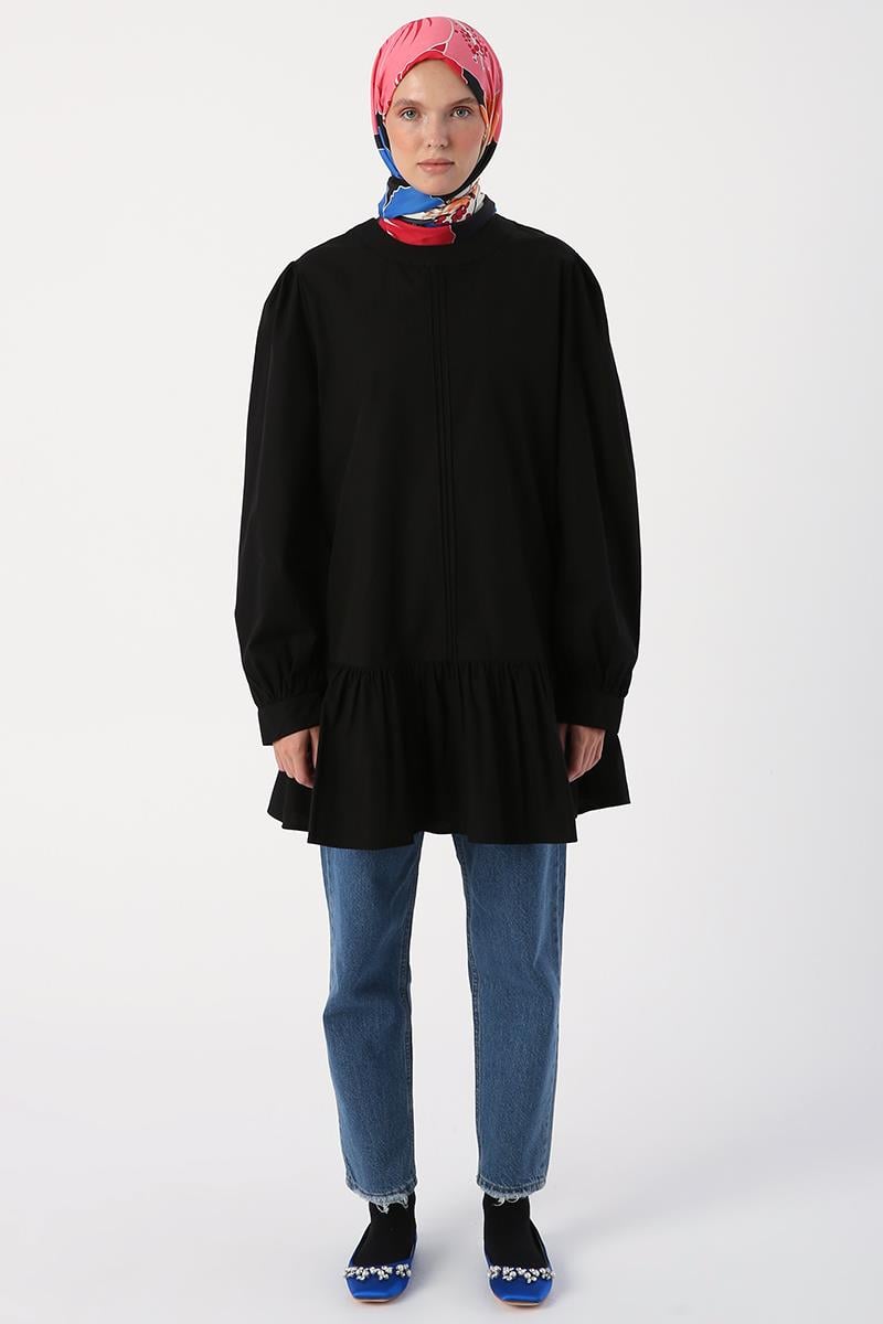 Black-Ribbed Collarless Cotton Tunic