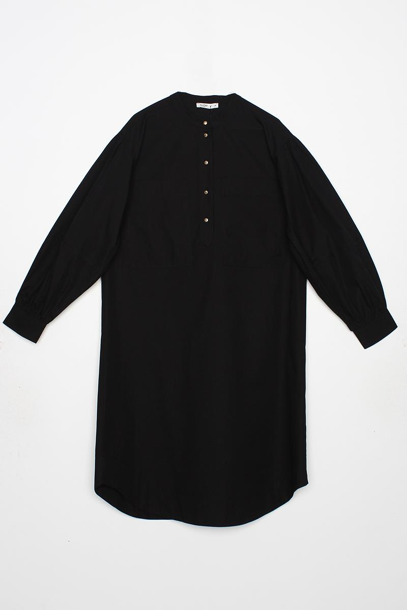 Siyah-Oversize Büyük Cepli Eteği Oval Kesim Uzun Tunik