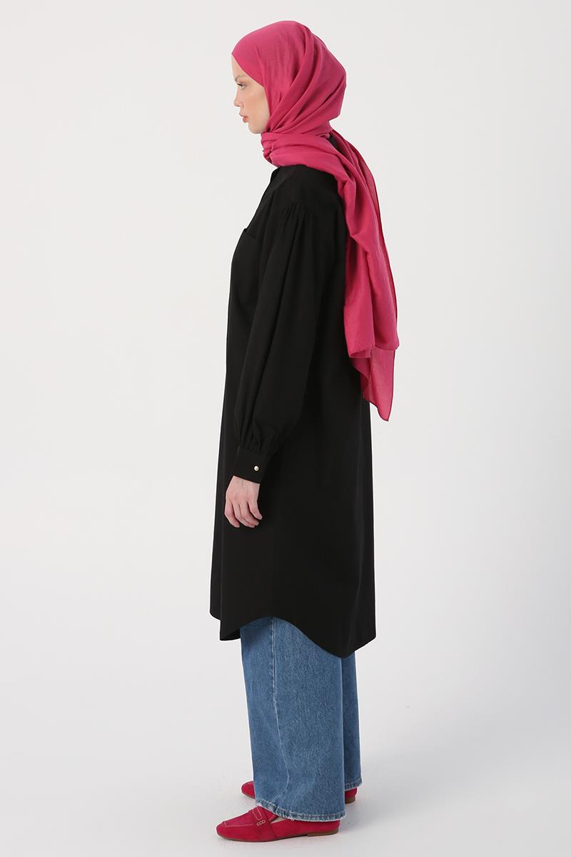 Siyah-Oversize Büyük Cepli Eteği Oval Kesim Uzun Tunik