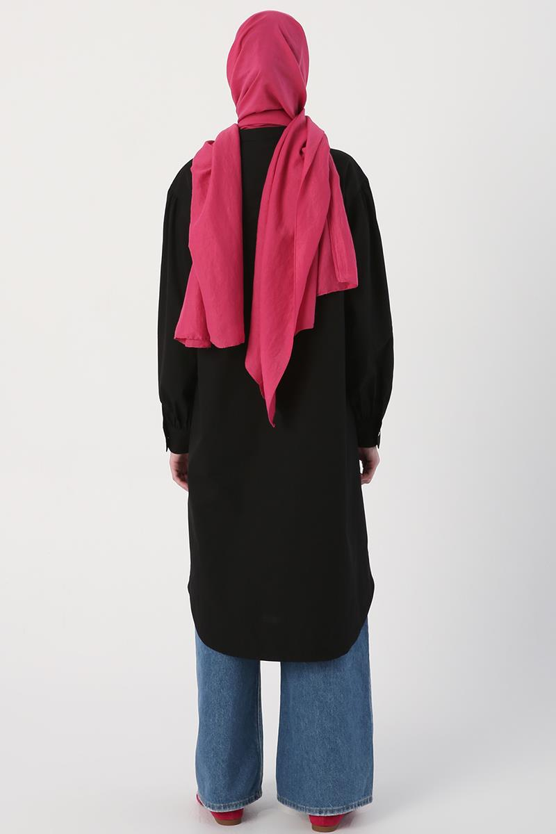 Siyah-Oversize Büyük Cepli Eteği Oval Kesim Uzun Tunik