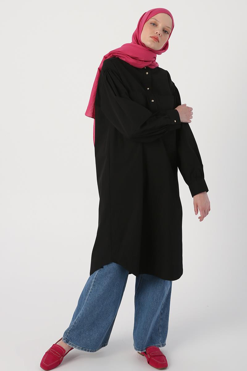 Siyah-Oversize Büyük Cepli Eteği Oval Kesim Uzun Tunik