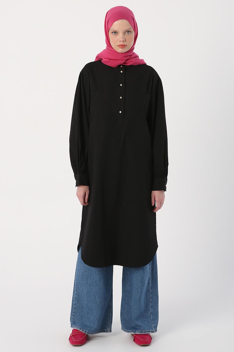 Siyah-Oversize Büyük Cepli Eteği Oval Kesim Uzun Tunik