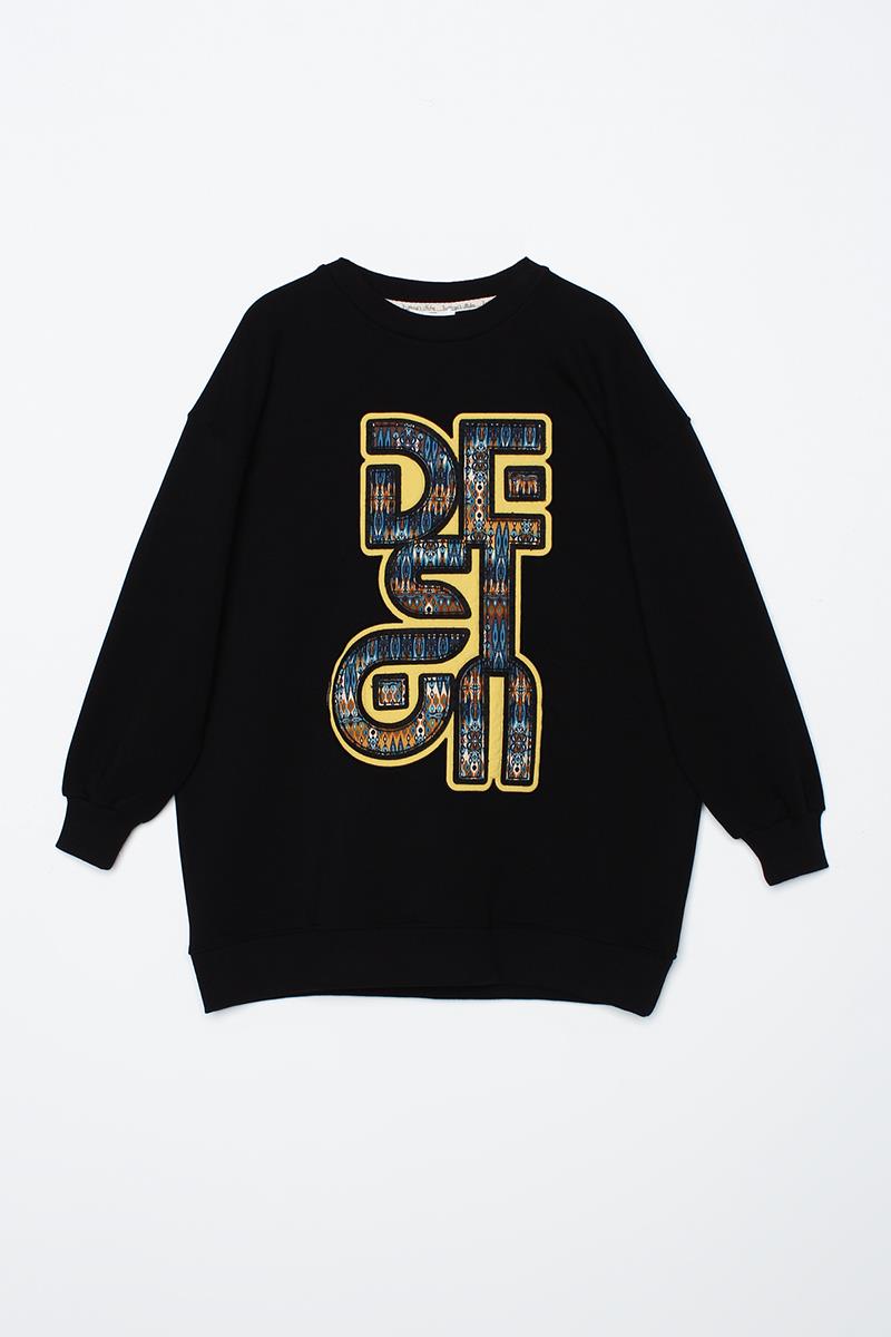 Siyah-Oversize Desenli Aplike Nakışlı Sweat Tunik