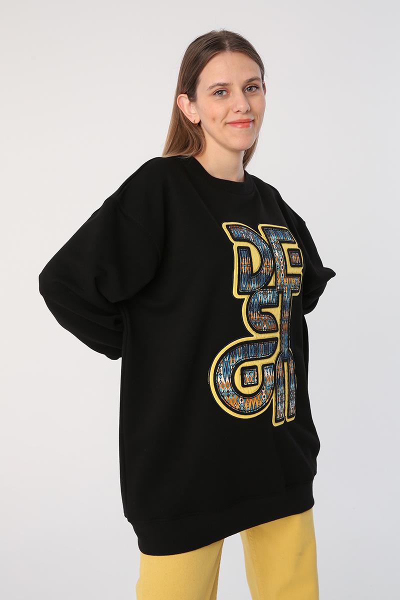 Siyah-Oversize Desenli Aplike Nakışlı Sweat Tunik