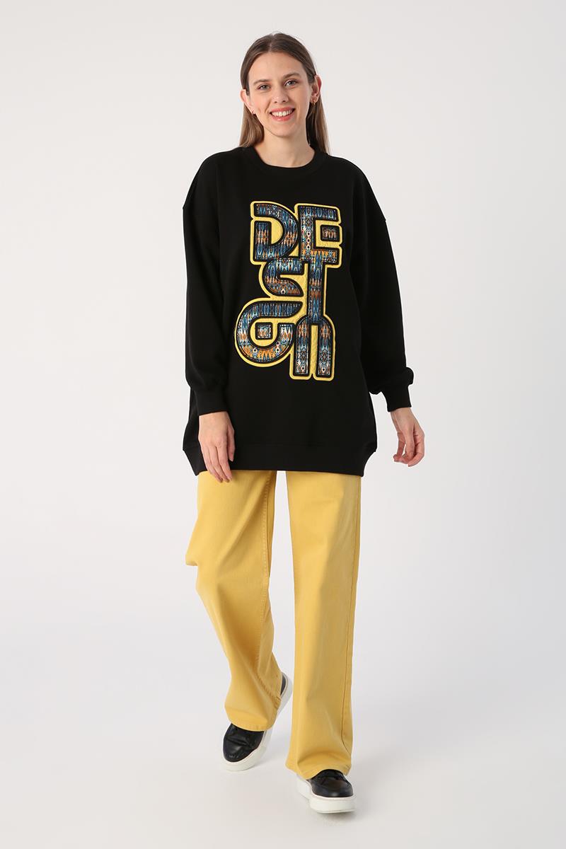 Siyah-Oversize Desenli Aplike Nakışlı Sweat Tunik