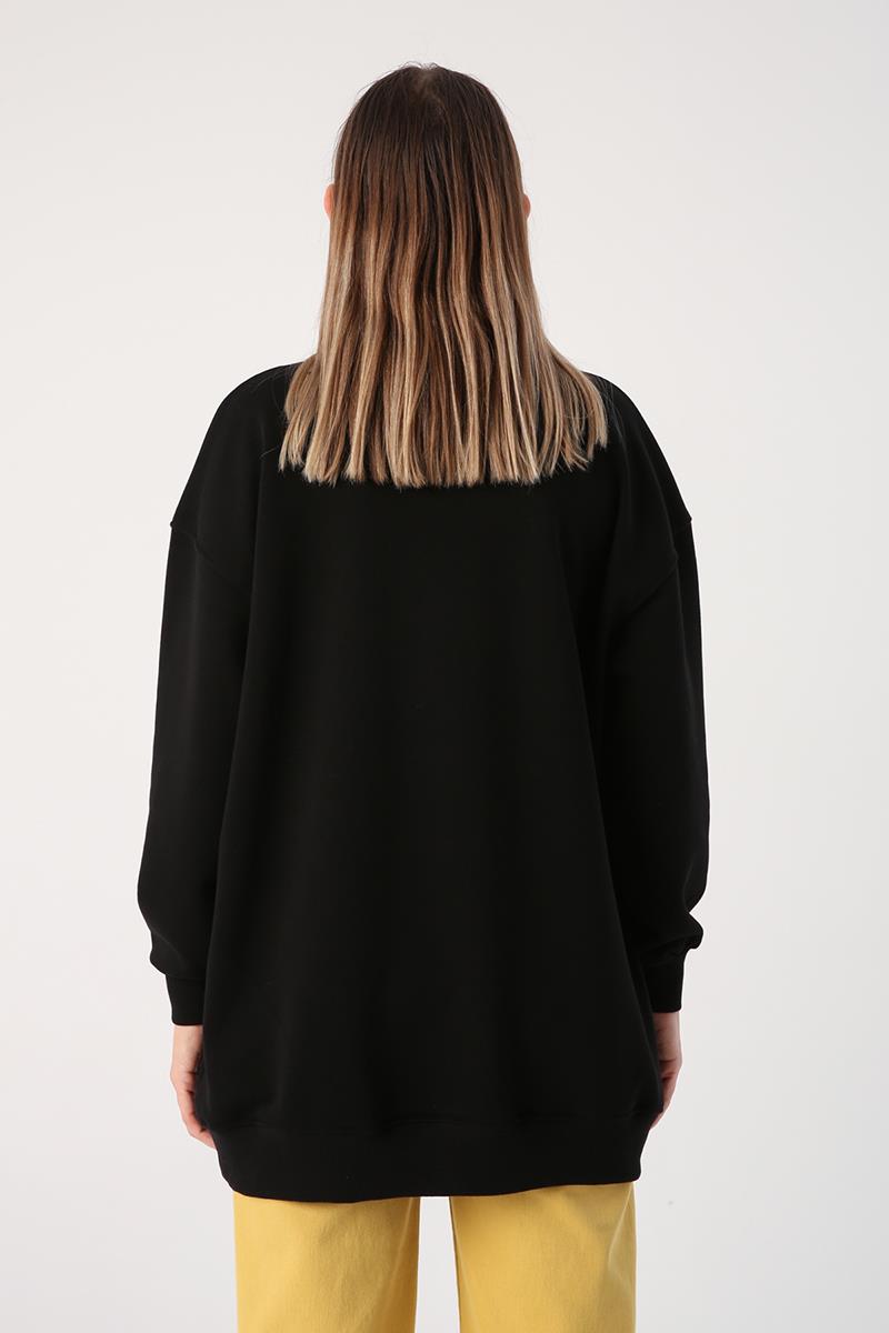 Siyah-Oversize Desenli Aplike Nakışlı Sweat Tunik