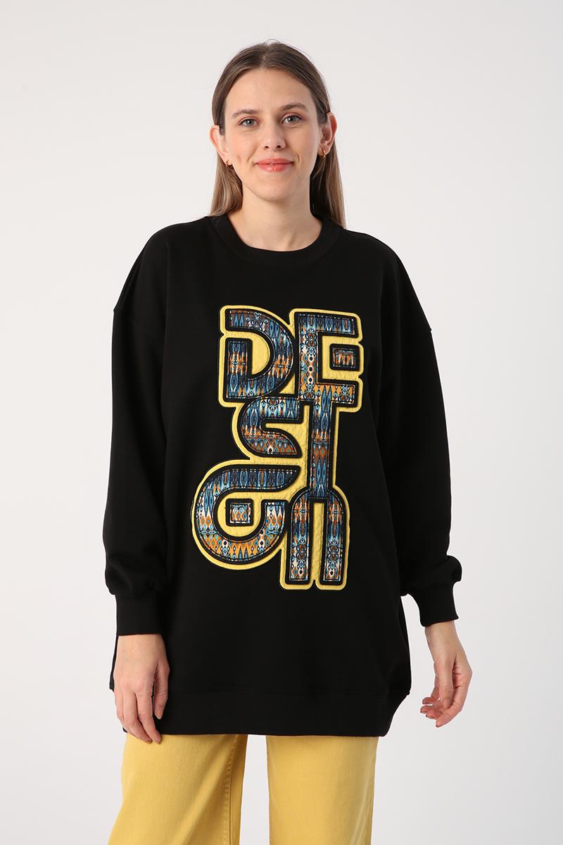 Siyah-Oversize Desenli Aplike Nakışlı Sweat Tunik