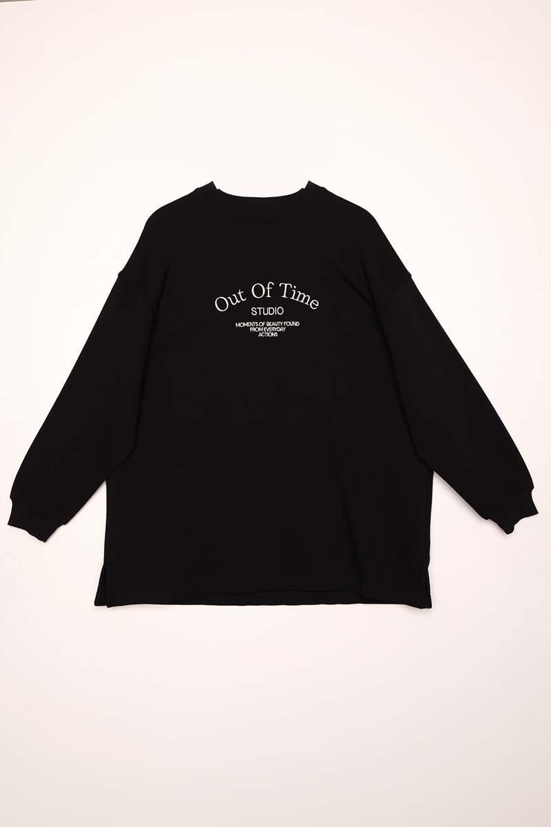 Siyah-Oversize Nakışlı Sweatshirt