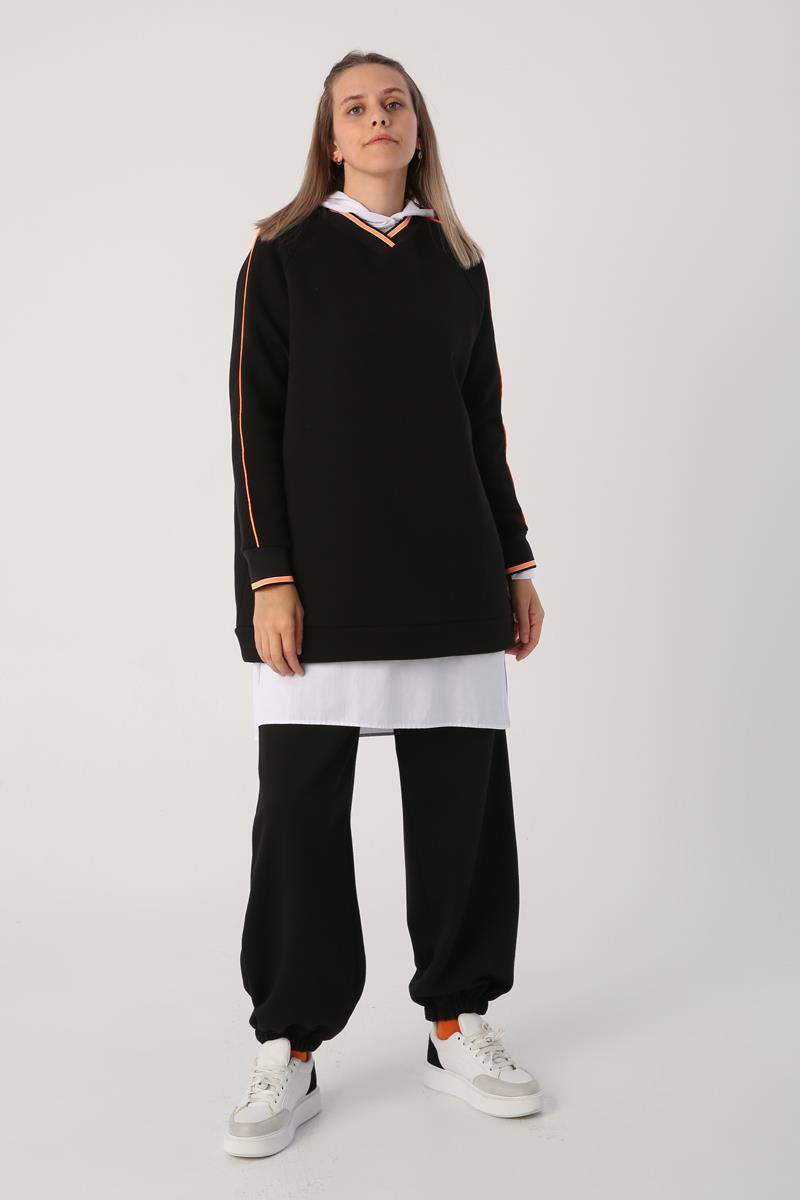 Siyah-Oversize Neon Detaylı Arkası Baskılı Şardonlu Sweatshirt