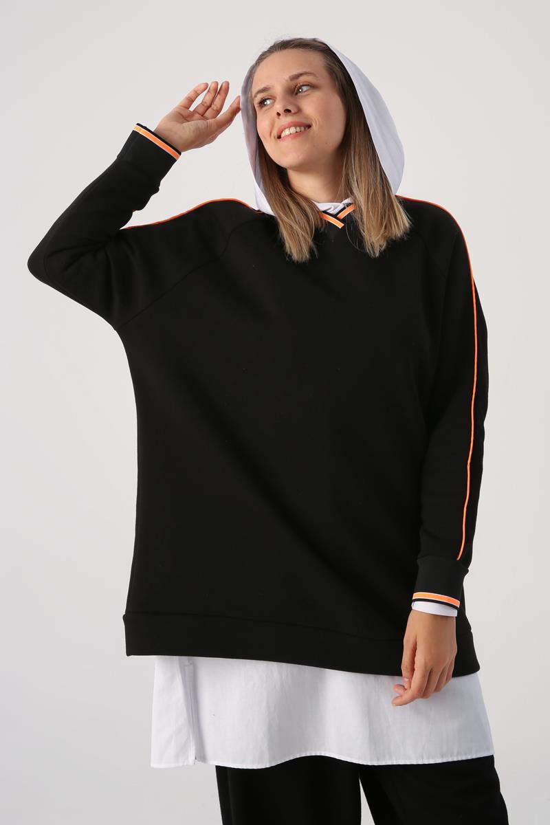 Siyah-Oversize Neon Detaylı Arkası Baskılı Şardonlu Sweatshirt