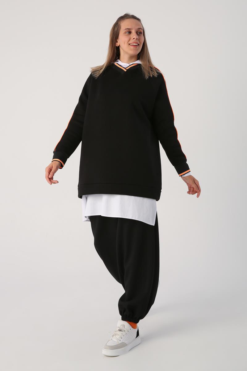 Siyah-Oversize Neon Detaylı Arkası Baskılı Şardonlu Sweatshirt