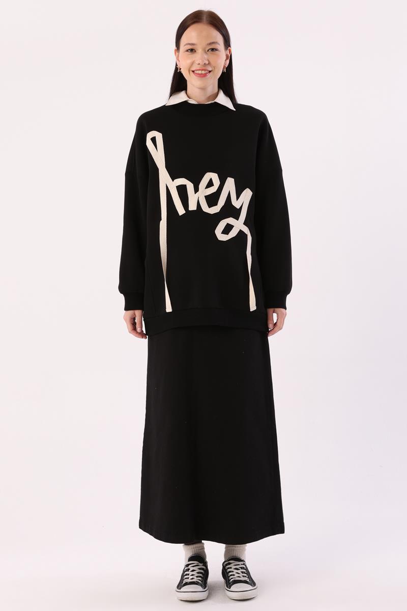 Siyah-Oversize Şardonlu Şerit Detaylı Sweatshirt