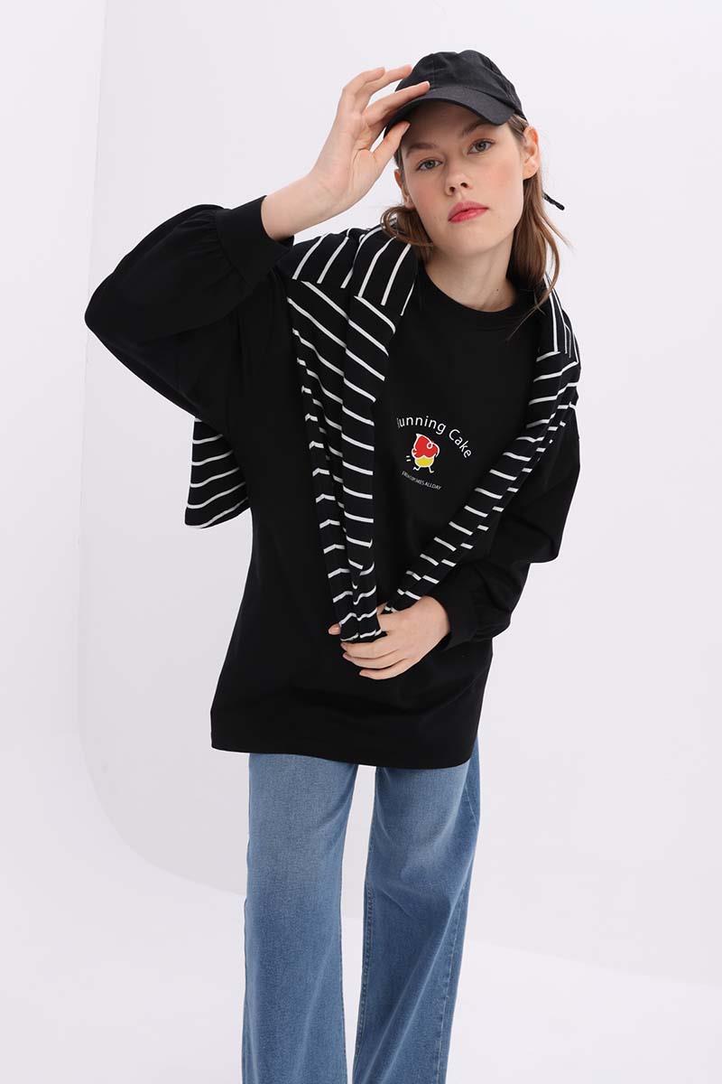 Siyah-Pamuklu Baskılı Sweat Tunik