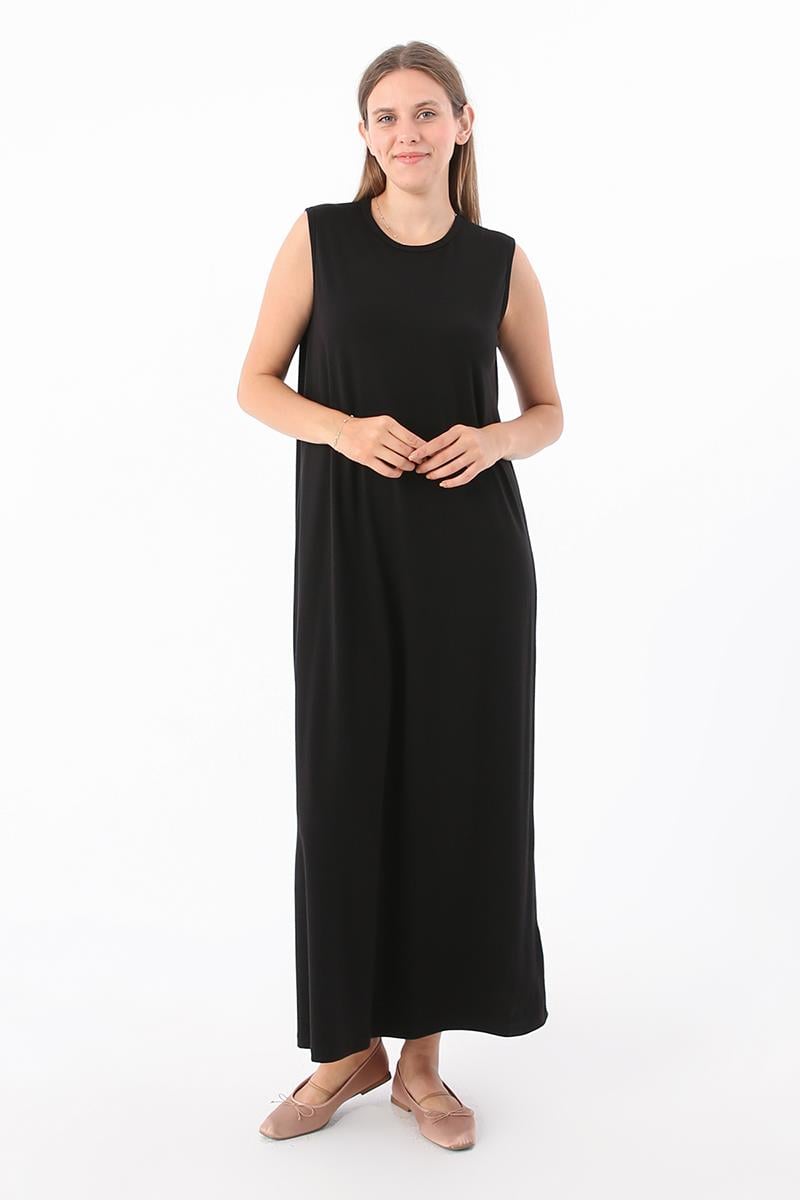 Ärmelloses Unterwäschekleid aus schwarzer Baumwolle mit Rundhalsausschnitt