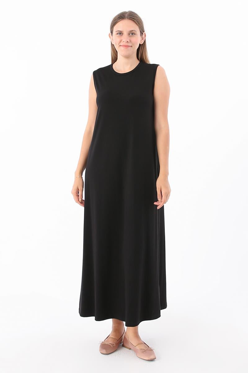 Ärmelloses Unterwäschekleid aus schwarzer Baumwolle mit Rundhalsausschnitt