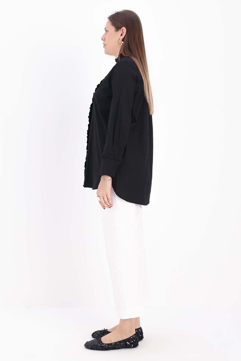 Black-Cotton Ruffle Shirt Tunic