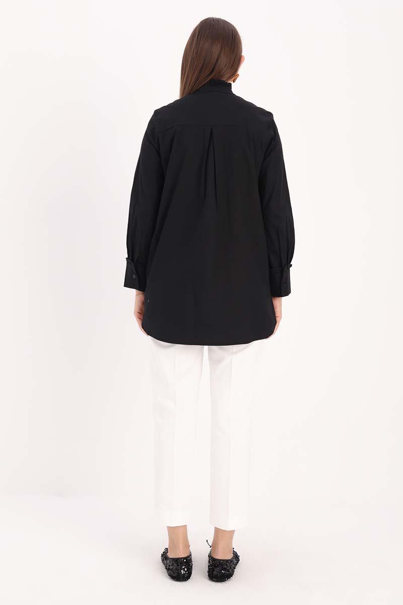 Black-Cotton Ruffle Shirt Tunic