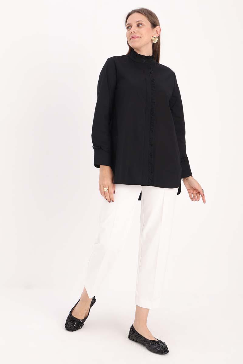 Black-Cotton Ruffle Shirt Tunic